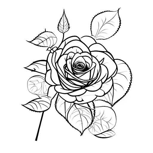 a vertical young rose, with the rosebud of 4 cms height, stem of 8 cms, with thorns and leaves.   tattoo design idea