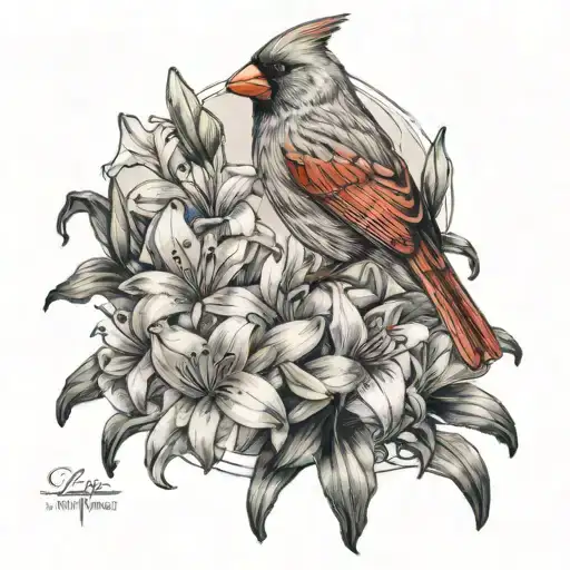cardinal bird and lilies  tattoo design idea