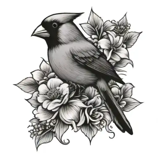 cardinal bird and lili flowers tattoo design idea