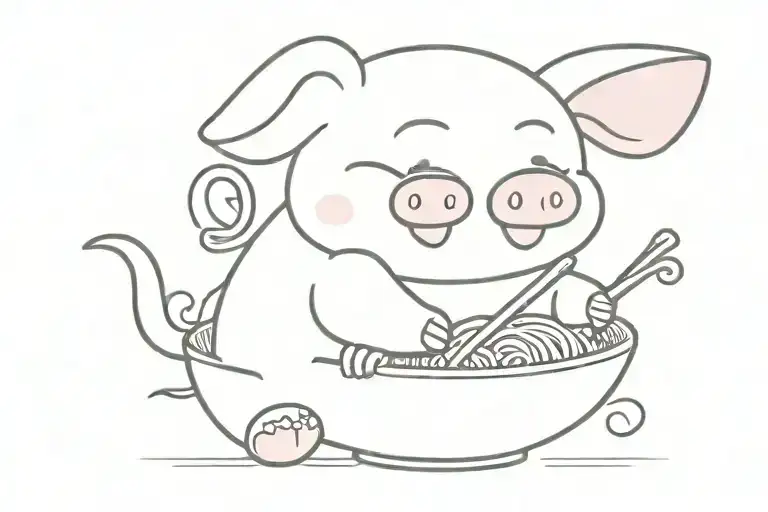 a cute piglet eating ramen noodle bowl tattoo design idea