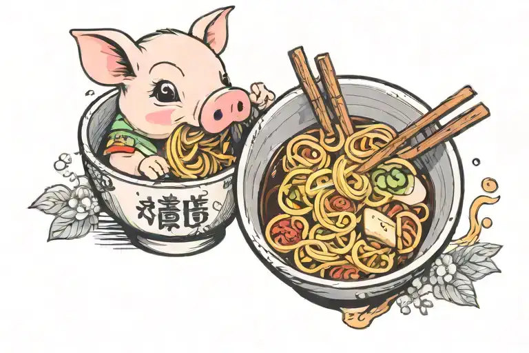 A cute piglet eating ramen bowl tattoo design idea