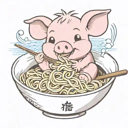 a cute piglet eating ramen noodle bowl tattoo design idea