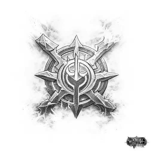 An epic clash between Horde and Alliance symbols with a backdrop of the client's favorite World of Warcraft battleground tattoo design idea