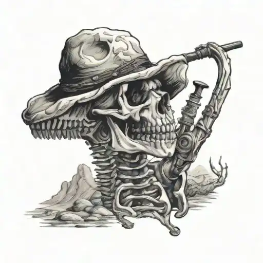 A dinosaur skeleton smoking a pipe in a Texas desert landscape tattoo design idea
