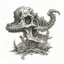 A dinosaur skeleton smoking a pipe in a Texas desert landscape tattoo design idea