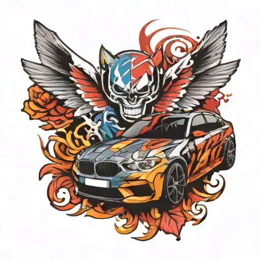 bmw m logo with mini bmw behind tattoo design idea