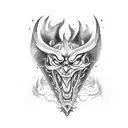 A beer bottle morphing into a devil tail with horror-themed background tattoo design idea