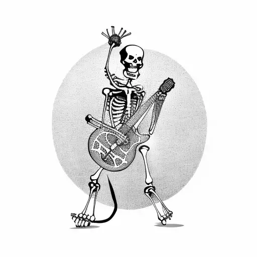 A skeleton playing a guitar on a longboard tattoo design idea