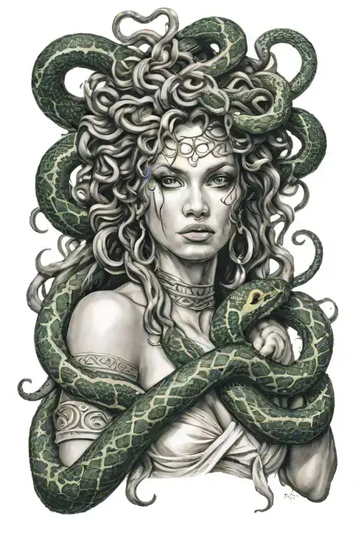 A realistic portrait of Medusa with a snake wrapped around her arm tattoo design idea
