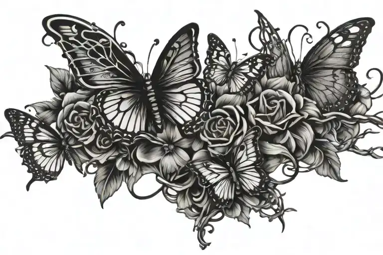 barbed wire with flowers and butterflies tattoo design idea