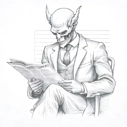 faceless demon man wearing a suit whilst riding the London tube reading a newspaper writen "bad news". tattoo design idea