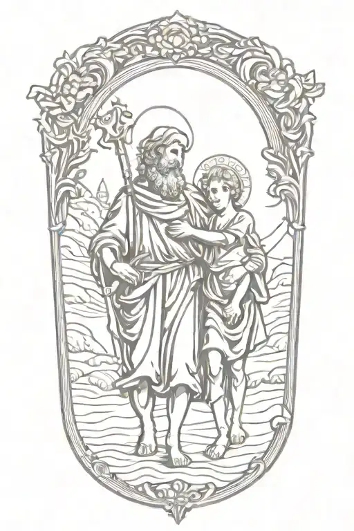st christopher with baby jesus walking tattoo design idea