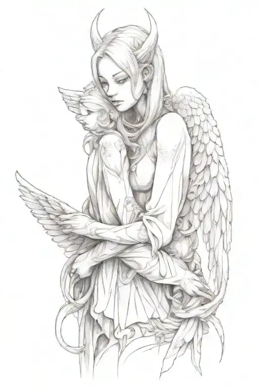 One angel girl hugging affectionly one demon girl hugging. Side view tattoo design idea