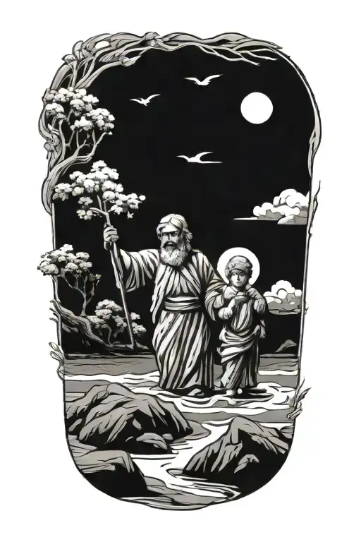 st joseph holding baby crossing a river tattoo design idea