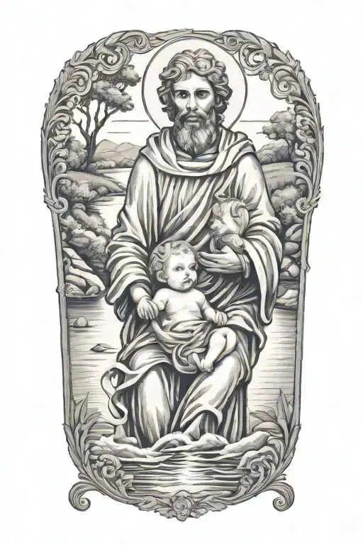st joseph holding baby crossing a river tattoo design idea