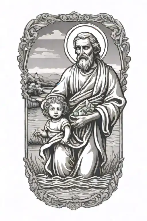 st joseph patron saint of children holding baby crossing a river tattoo design idea