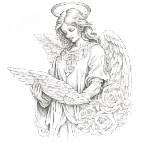 An angel and sucubus embraced with thier wings out. tattoo design idea