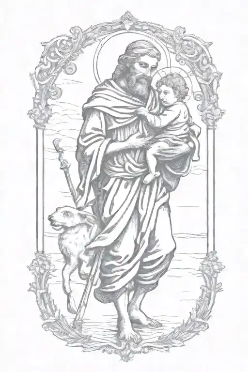st christopher carrying baby jesus crossing a river  tattoo design idea