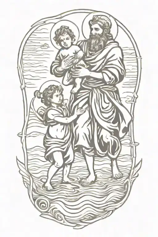 st christopher holding baby jesus and  walking across water  tattoo design idea