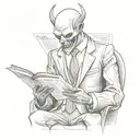 faceless demon man wearing a suit whilst riding the London tube reading a newspaper with bad news. tattoo design idea