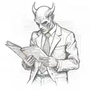 faceless demon man wearing a suit whilst riding the London tube reading a newspaper with bad news. tattoo design idea