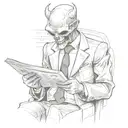 faceless demon man wearing a suit whilst riding the London tube reading a newspaper with bad news. tattoo design idea