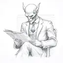 faceless demon man wearing a suit whilst riding the London tube reading a newspaper writen "bad news". tattoo design idea