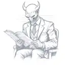 faceless demon man wearing a suit whilst riding the London tube reading a newspaper writen "bad news". tattoo design idea