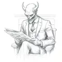 faceless demon man wearing a suit whilst riding the London tube reading a newspaper writen "bad news". tattoo design idea