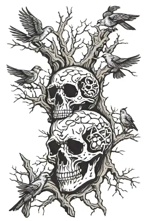dead tree with skulls and birds tattoo design idea