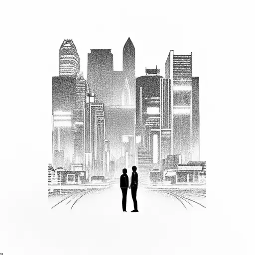 downtown night city from cyberpunk with a shadow figure meeting a guy in front of a blacked out car tattoo design idea