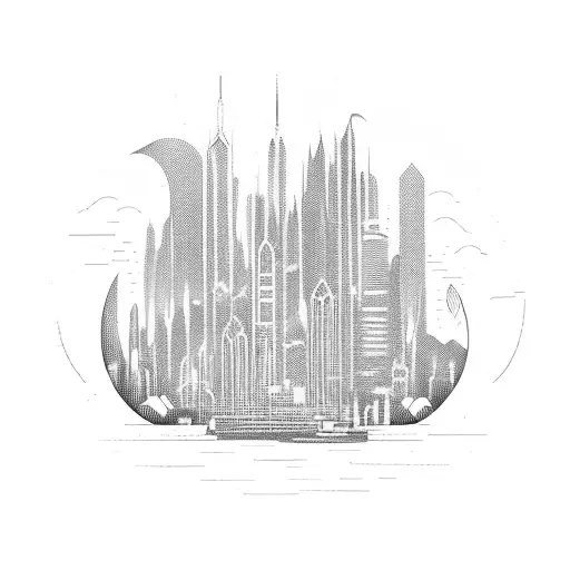 downtown night city from cyberpunk with a shadow figure meeting a guy in front of a blacked out car tattoo design idea