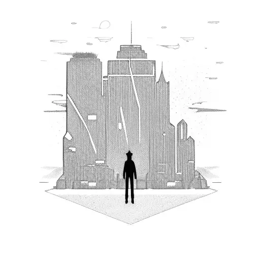 downtown night city from cyberpunk with a shadow figure meeting a guy in front of a blacked out car tattoo design idea