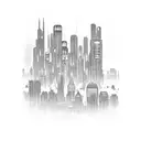 downtown night city from cyberpunk with a shadow figure meeting a guy in front of a blacked out car tattoo design idea