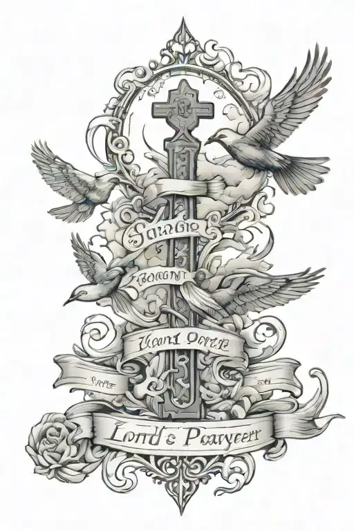 the Lord's Prayer in script font with clouds and birds tattoo design idea