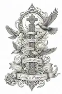 the Lord's Prayer in script font with clouds and birds tattoo design idea