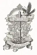 the Lord's Prayer in script font with clouds and birds tattoo design idea