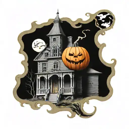 haunted house with melting pumpkin   tattoo design idea