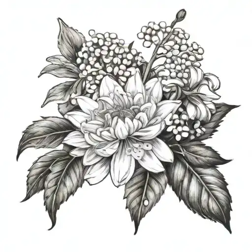 chrysanthemum, lily of the valley, daisy and poppy tattoo design idea