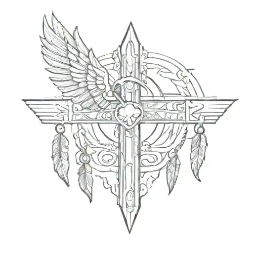 the cross of Anubis and scales with a heart on one side and a feather on the other tattoo design idea