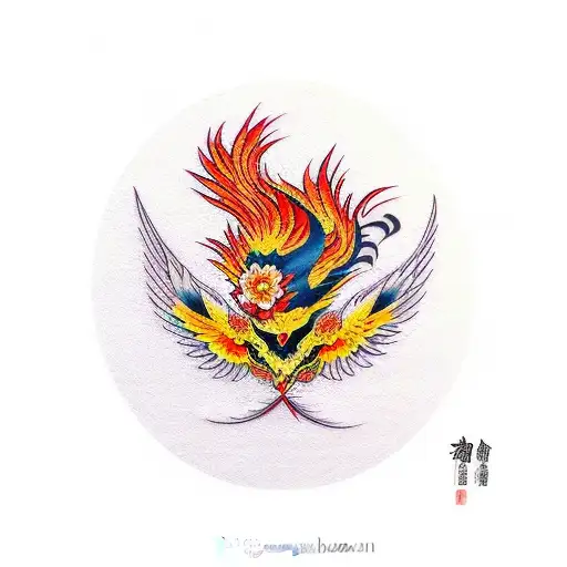 Phoenix bird and yellow apricot flower tattoo design idea