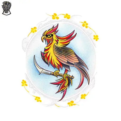 Phoenix bird and yellow apricot flower tattoo design idea