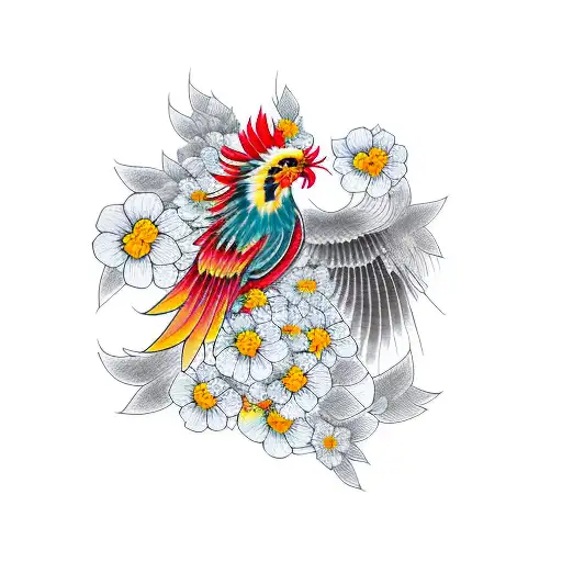 Phoenix bird and yellow apricot flower tattoo design idea