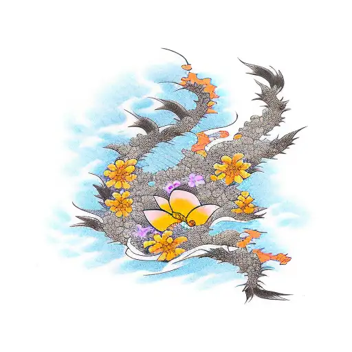 Phoenix and yellow apricot flower  tattoo design idea