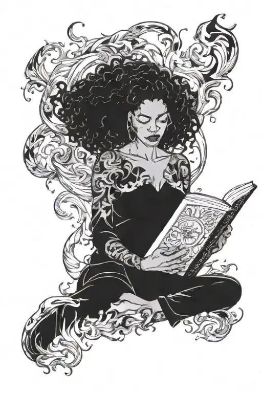 A powerful image of a woman reading a book with flames of empowerment surrounding her, inspired by female empowerment and black power movements tattoo design idea