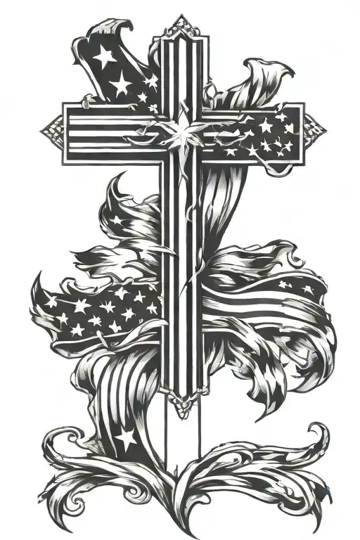 cross and American flag intertwined tattoo design idea
