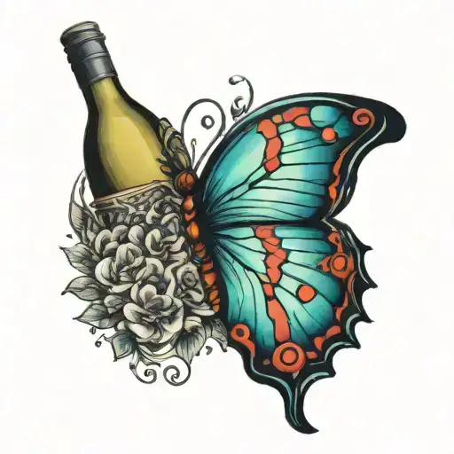 wine bottle butterfly  tattoo design idea