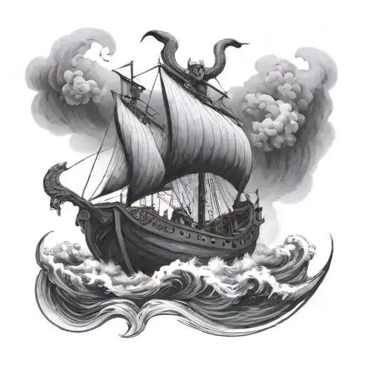 A viking longship with an owl figurehead, sailing through stormy seas tattoo design idea