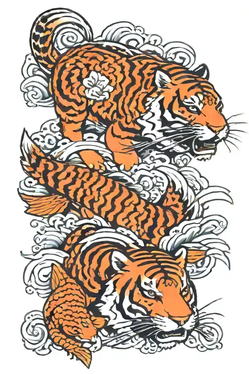 tiger and carp fish, close-up tattoo design idea