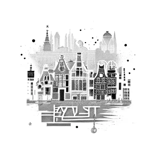 A graffiti-style Amsterdam cityscape with hiphop elements incorporated tattoo design idea